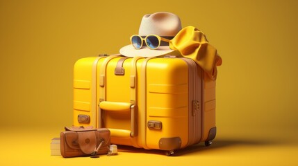 yellow suitcase with sunglasses and hat on a yellow background