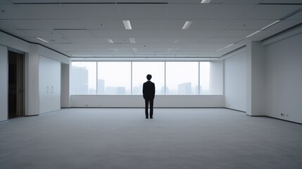 lonely man standing in an empty white office in daylight