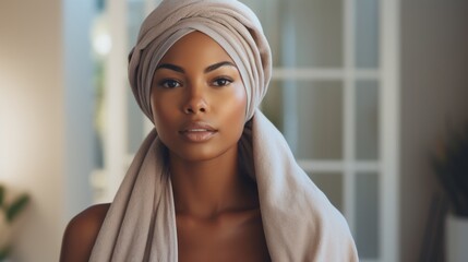 beautiful black woman with towel wrapped around head