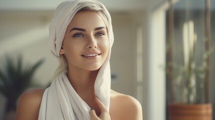 beautiful woman with towel wrapped around head