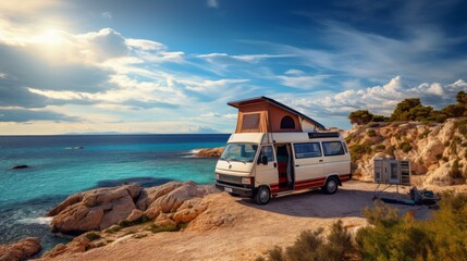 camper van with roof tent camping on mediterranean coast on weekend travel - obrazy, fototapety, plakaty