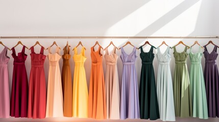 different colored floor-length dresses hang on a hanger on a white background