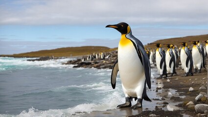 Big King penguin going to blue water.