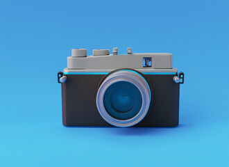 Retro camera isolated on blue background. 3d render illustration. Generative AI