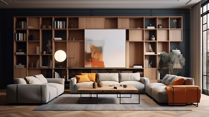 Interior Design Inspiration: Library Living Room - Soft Edges, Blurred Details, Light Brown, Amber, Vibrant Color Blocks, Dark White, Light Indigo, Modular Construction, Varying Wood Grains, Luxurious