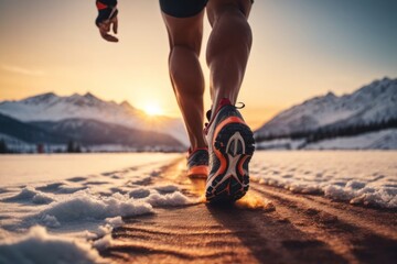 athlete running close up shoes on the start, sunset, snow with beautiful montains background  