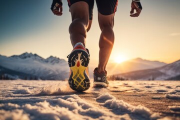 athlete running close up shoes on the start, sunset, snow with beautiful montains background - obrazy, fototapety, plakaty