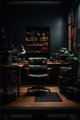 Workplace with Black Furnishings Setting a Dark and Intense Atmosphere