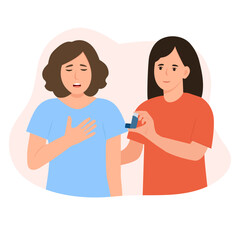 A woman is giving inhaler to  friend with asthma attack. Bronchial asthma diagnosis, treatment and medicine, shortness of breath, respiratory attack, allergy cough. Vector illustration