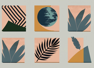Fototapeta na wymiar Set of abstract backgrounds with tropical leaves and geometric elements. Wall Art. Generative AI