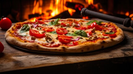 Authentic Italian Pizza Baked in a Wood-Fired Brick Oven with Melting Cheese - Smoky Firewood...
