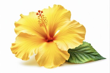 Beautiful Yellow Hibiscus. Exotic Tropical Flower with Pistil and Pollen Isolated on White Background to Brighten Up Any Design - obrazy, fototapety, plakaty