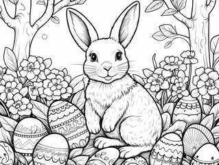 Printable Happy Easter Coloring Page with Cartoon Rabbit and Eggs for Colouring Fun