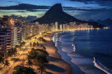 Fotobehang Twilight View of Ipanema and Leblon Beaches, Corcovado and Sugar Loaf Mountains, Rio de Janeiro, Brazil © AIGen