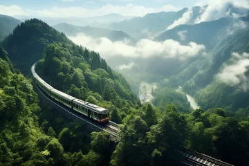 Rolgordijnen Train transportation traveling on mountain landscape. © Golden House Images