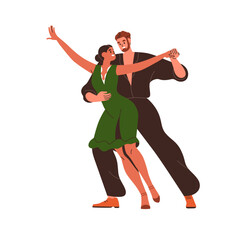 Dancers couple dancing. Happy young man and woman duet performing, moving to music. Modern male and female partners, pair in movement, action. Flat vector illustration isolated on white background