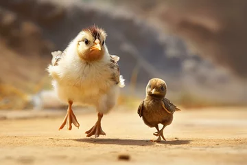Deurstickers A race between a calm adult chicken and baby chicks. Generative AI © Casimir