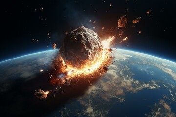 Rendering of asteroid impact on Earth. Generative AI - obrazy, fototapety, plakaty