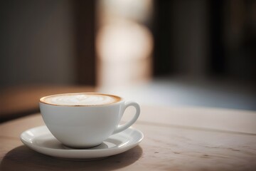 White cappuccino cup on the table. Aesthetic shot with a blurred background. Generative AI