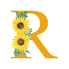 ABC, Letter R of Latin alphabet decorated with sunflowers and leaves, floral monogram watercolor illustration in simple hand painted style, summer flowers decorative letter
