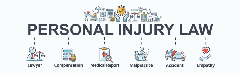 Personal injury law banner web icon vector illustration concept for lawyer, compensation, medical reports, malpractice, accidents and empathy. Minimal cartoon infographic.