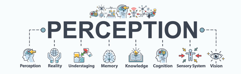 Perception banner web icon for perception, reality, under staging, memory, knowledge, cognition, sensory system and vision. Minimal header vector cartoon infographic. - obrazy, fototapety, plakaty