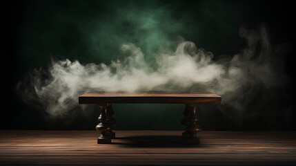 empty wooden table with smoke float up on dark background