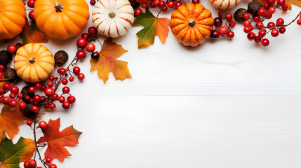 Fototapeta premium Autumn decor with pumpkins, berries, and leaves on a white wooden background for Thanksgiving or Halloween. Flat lay with space for text.