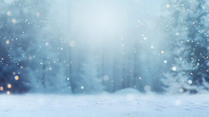 Winter panoramic background with snow-covered fir branches and snowfall flakes. Christmas banne