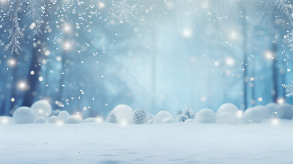 Winter panoramic background with snow-covered fir branches and snowfall flakes. Christmas banne