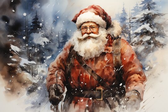 painting of santa claus in the snow with a backpack