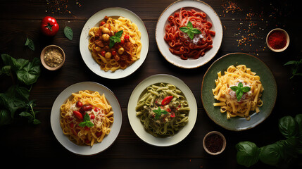 Various pastas on plates on a table, top view, creative concept for italian week in restaurant. Big assortment of pasta in menu.