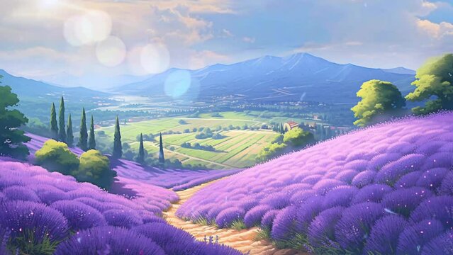 blooming lavender field background in anime illustration style, 4K animation