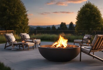 Outdoor fire pit in the backyard, with lawn chairs seating on a late summer or autumn night
 - obrazy, fototapety, plakaty