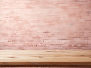 Empty wooden deck table on the vintage blush pink brick wall background. Backdrop for mockup and promotion design.
