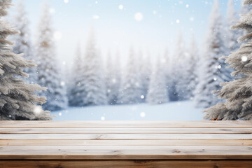 Fototapeta na wymiar Empty wooden deck table on the blurred snowy trees background. Winter forest landscape backdrop for mockup and promotion design.