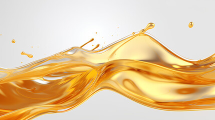 An abstract 3D liquid glass background wallpaper featuring gold oil drops suspended in a white paint splash.