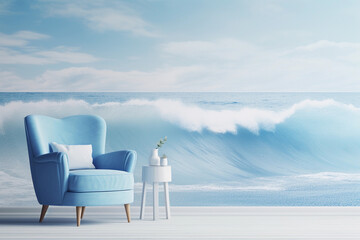 Modern coastal monochrome blue interior with copyspace. A blue armchair stands against a background of an empty wall with a beautiful sea wallpaper with waves.