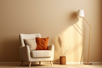 Warm-toned living room wall mockup with armchair on cream wall background. Generative AI