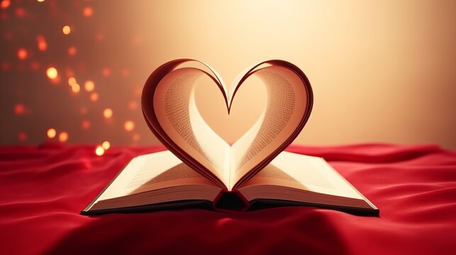 A heart-shaped book resting on a bed