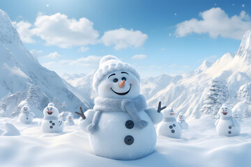 Merry Christmas and happy new year with a snowman in the winter landscape