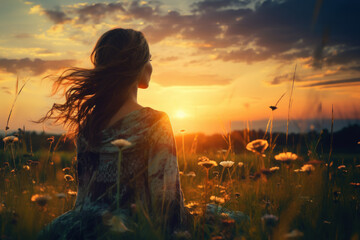 Beautiful woman relax on grass field flower on sunset sky 
