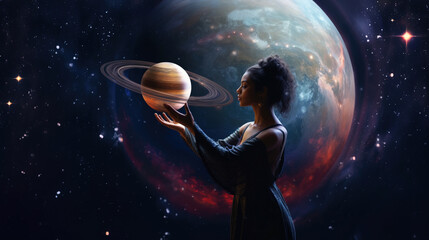 Astrology concept with woman holding planet in outer space - obrazy, fototapety, plakaty