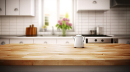 Fototapeta na wymiar Wooden tabletop counter with tea pot in front of bright out of focus kitchen
