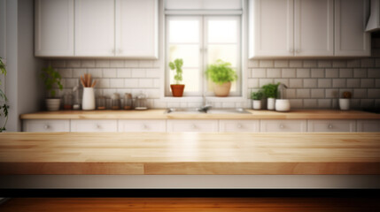 Fototapeta na wymiar Wooden tabletop counter in front of bright modern kitchen
