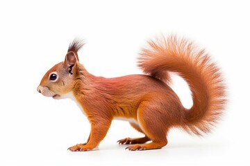 Red Japanese lis squirrel walking away sideways looking straight ahead isolated white background. Generative AI - obrazy, fototapety, plakaty