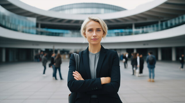 Portrait of a serious corporate woman standing with arms crossed in front of office building