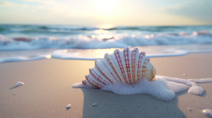 Obraz premium A beautiful seashell glowing in the golden light of a sunset on a sandy beach