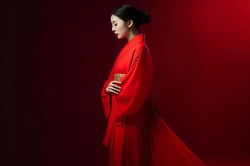 Asian woman red dress person. Generate Ai