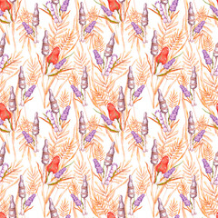 Hand drawn watercolor halloween seamless pattern isolated on white background. Can be used for scrapbook, textile, fabric and gift-wrapping paper.